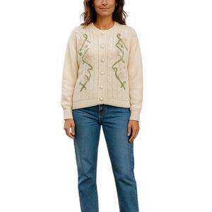 Vtg 80 Sweater Magda Cream Knit Cardigan  Floral Embroidery & Faux Pearl Beading
